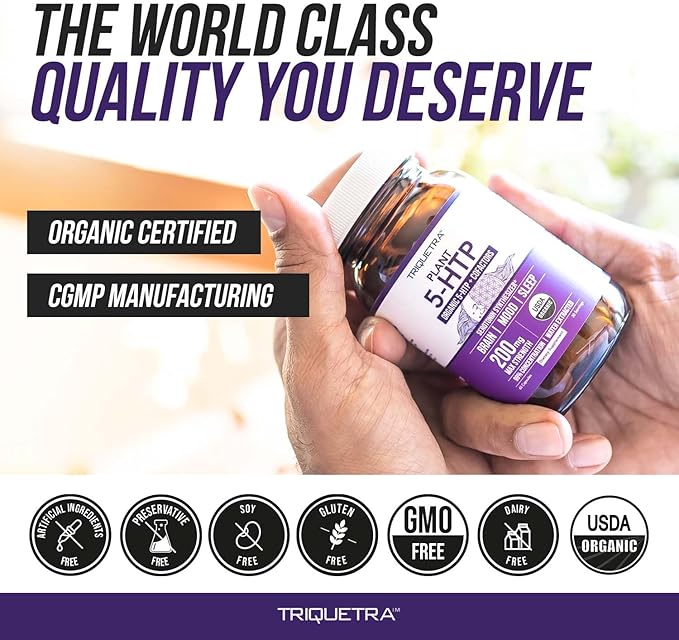 Organic 5-HTP - 200 mg | 99% 5HTP Concentration Plus Cofactor Vitamin B6 &amp Lion?™s Mane | Water Extracted from Organic Griffonia Seeds | Supports Mood Cognition &amp Sleep (60 Capsules | 30 Serv