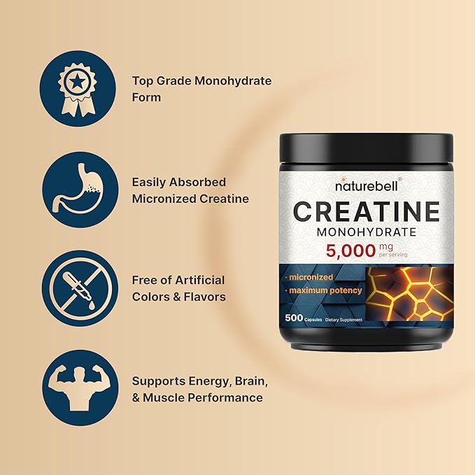NatureBell Creatine Monohydrate Capsules 5000mg Per Serving 500 Count | Micronized Unflavored Creatine Pills | Pre-Workout &amp Muscle Strength Support | Easy to Swallow Filler-Free | 71 Servings