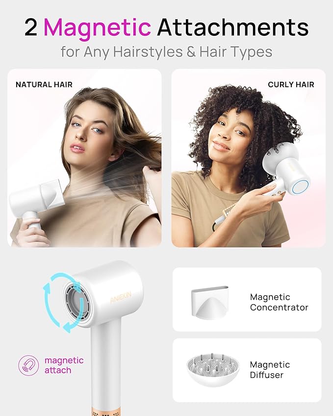 Hair Dryer High-Speed Ionic Low Noise Blow Dryer with Brushless Motor for Fast Drying Thermo-Control Quiet Compact Hair Blow Dryer with Magnetic Diffuser for Curly Hair for Home Travel Salon
