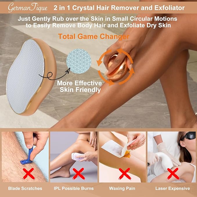 Crystal Hair EraserNatural Crystal Hair RemoverReusable Painless Nano Glass Hair Removal Device without ShaverGentle Crystal Epilator and Exfoliator for Soft Silky Skin(Gold)