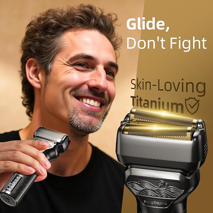 Electric Foil Shaver for Men: Rechargeable Razor with Push-Up Trimmer for Face - Cordless Wet/Dry/Anti-Slip Waterproof Shavers with LED Display - Metal Handheld Design Gray Silver