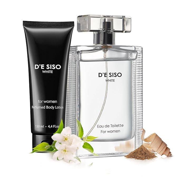 Classic D'E SISO White Fragrances Gift Set - Moisturizing Scented Body Lotion and Eau de Toilette Floral Perfume for Women with Vanilla Orange Amber and Musky Ingredients - Locion y Perfume de Mujer