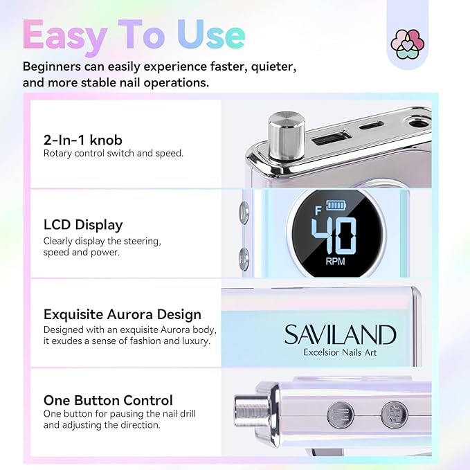 SAVILAND Advance Nail Drill for Acrylic Nails Professional: 40000RPM Nail Drill 6000mAhm High Capacity 2025 Rechargeable Electric Nail File 13 Drill Bits for Nails Manicure Pedicure E File Sky Realm