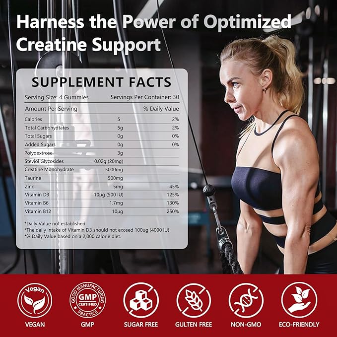 Creatine Monohydrate Gummies 5000mg for Women and Men - Pre-Workout Supplement with Magnesium Zinc &amp Taurine - Strawberry Flavor - Builds Muscle Strength - Boosts Energy Vegan - 120 Gummies