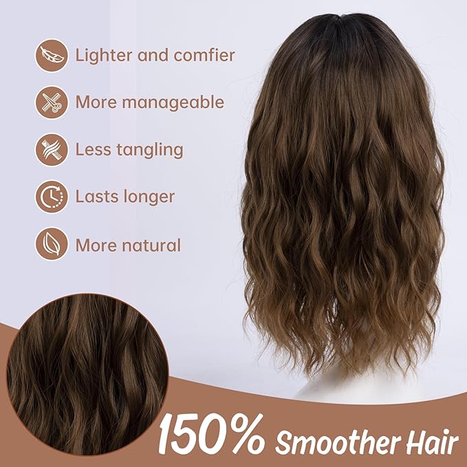 Medium Length Ombre Dark Brown Wavy Wigs for Women 18 Inch Middle Part Wavy Dark Brown Wig Natural Looking Synthetic Heat Resistant Fiber Wig for Daily Party Use (18 inch)