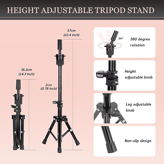 Mannequin Head with 100% Human Hair Manikin Head Human Hair Cosmetology Doll Head for Hair Styling Hairdresser Practice Braiding with Table Clamp Stand and Tools (16 inch + tripod)