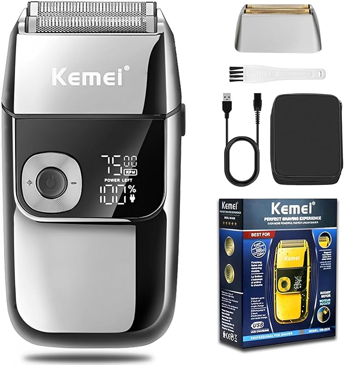 KEMEI Electric Razors for Men LCD Display Cordless Men's Razors USB Rechargeable with Pop-up Beard Trimmer Best Worldwide Travel Gift Model KM 2028 Silver