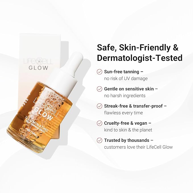 LifeCell Glow Self-Tanning Drops for Face &amp Body DHA &amp Squalane Formula Customizable Tan Streak-Free Hydrating Fragrance-Free Non-Comedogenic Safe for All Skin Types 1 Fl Oz