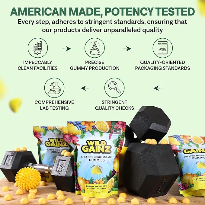 Creatine Monohydrate Gummies for Men &amp Women 5000mg - Made in USA Potency Tested Vegan Supports Muscle Growth Strength &amp Cognitive Function Non-GMO Gluten-Free Lemon Flavored Creatine 150