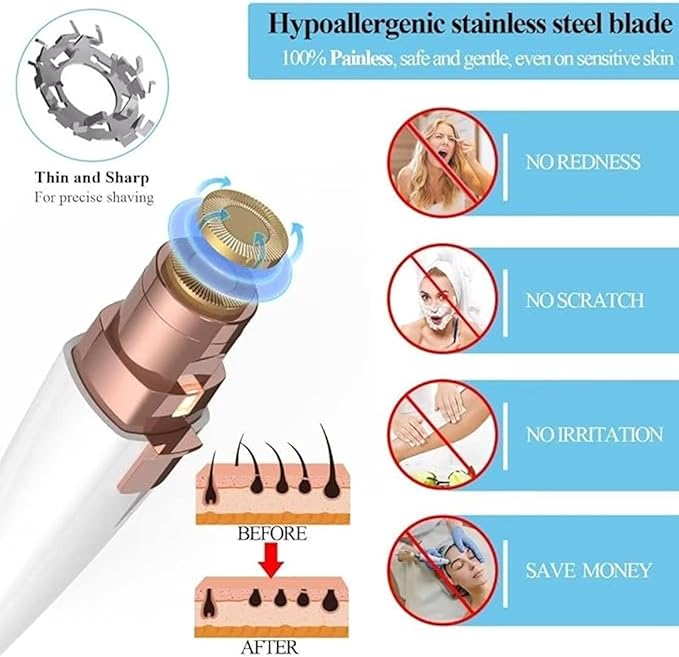 2-in-1 Facial Hair Remover for Women ? Rechargeable Eyebrow Trimmer &amp Body Groomer with LED Light Hypoallergenic Blades ? Pain-Free for Upper Lip Chin Bikini Line