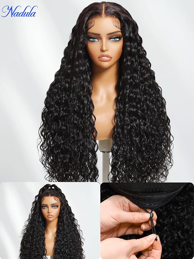 Nadula Pre Everything Glueless Water Wave 13x4 Hd Lace Front Wigs Human Hair with Invisible Drawstring Wet and Wavy Bye Bye Knots Glueless Wig Pre Plucked Pre Cut Lace Ready to Wear Front Wig 16inch