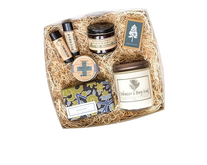 Woodsman Men's Self Care Gift Box - Holiday Gift for Men - Handmade Spa Set with Soap Candle Lip Balm Deodorant and Muscle Balm - Christmas Gift Idea for Dad Husband Boyfriend or Grandpa