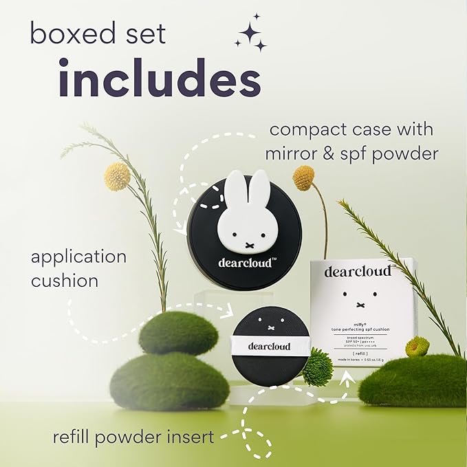 dearcloud Miffy Dear Sun Tone Perfecting SPF Cushion Refill Set SPF 50+ ? Color Adapting Sunscreen Korean Sunscreen SPF 50 (.53 oz)