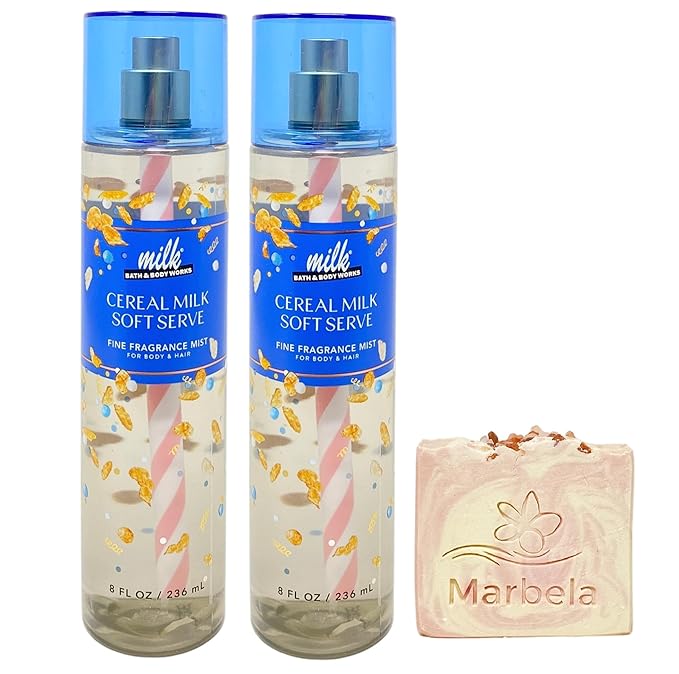 Bath &amp Body Works Cereal Milk Soft Serve 2 Pack Fragrance Mist Bundle with a Himalayan Salts Springs Bar Soap