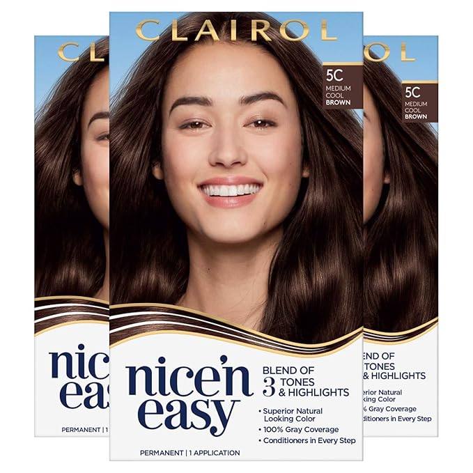Clairol Nice 'n Easy Permanent Hair Color 5C Medium Cool Brown Pack of 3 Allergy Gentle Single-Step Hair Dye Conditioners Natural-Looking Color Salon Highlights Grey Coverage
