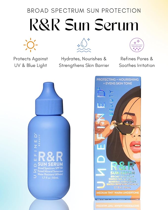 Undefined Beauty R&ampR Sun Serum SPF 50 PA++++ Tinted Mineral Sunscreen with Niacinamide Water Resistant Broad Spectrum Protection &amp Blue Light Defense (Medium Tint)