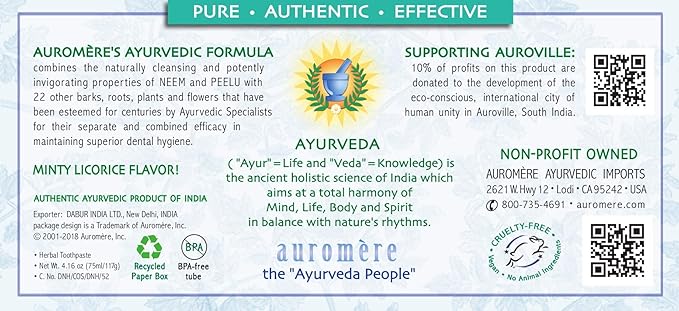Auromere Ayurvedic Herbal Toothpaste Classic Licorice Flavor - Vegan Natural Non GMO Fluoride Free Gluten Free with Neem &amp Peelu (4.16 oz) 4 Pack