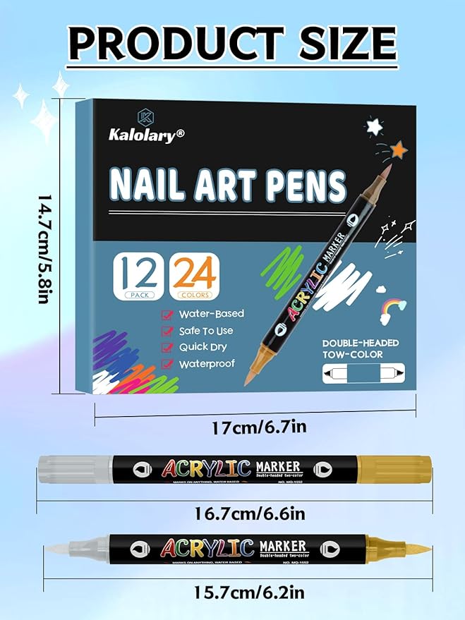 24 Color 3D Nail Art Polish Pens Set Kalolary Nail Art Markers Point Graffiti Dotting Pen Drawing Painting Liner Double Headed Acrylic Paint for DIY Nail Art