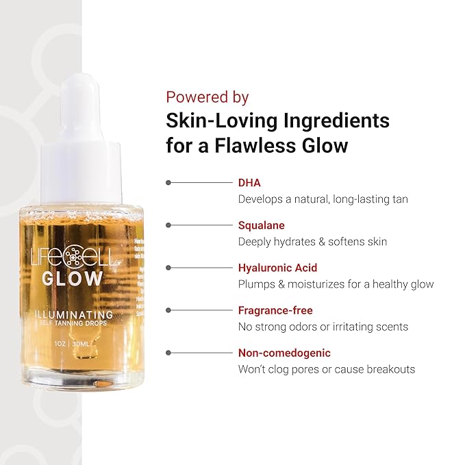 LifeCell Glow Self-Tanning Drops for Face &amp Body DHA &amp Squalane Formula Customizable Tan Streak-Free Hydrating Fragrance-Free Non-Comedogenic Safe for All Skin Types 1 Fl Oz