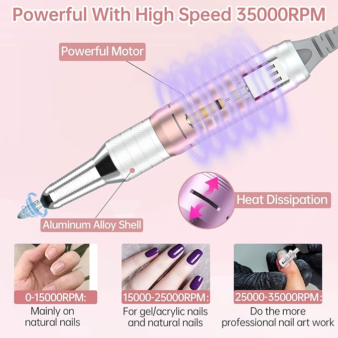Delanie Professional Portable Electric Nail Drill Machine 35000 RPM Rechargeable Cordless Nail Filer Electric Nail File Efle for Dip Powder Acrylic Gel Nail Salon Nail Tool Rose Gold