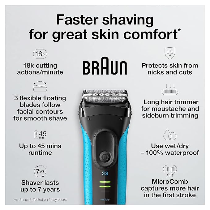 Braun Electric Series 3 Razor with Precision Trimmer Rechargeable Wet &amp Dry Foil Shaver for Men Blue/Black 4 Piece