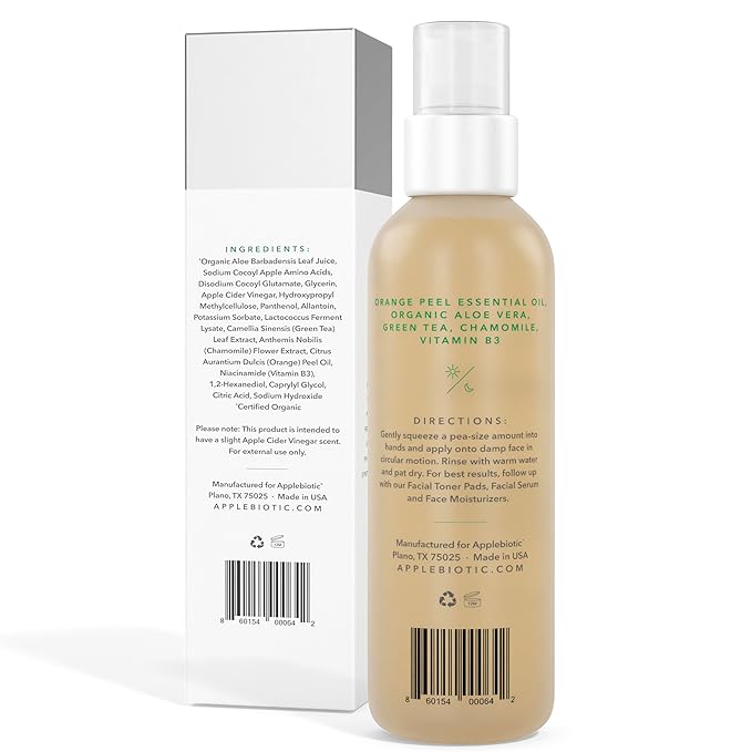 AppleBiotic Apple Cider Vinegar Face Wash - Exfoliating Face Wash Hydrating Gel Foaming Facial Cleanser Fragrance Free 6oz