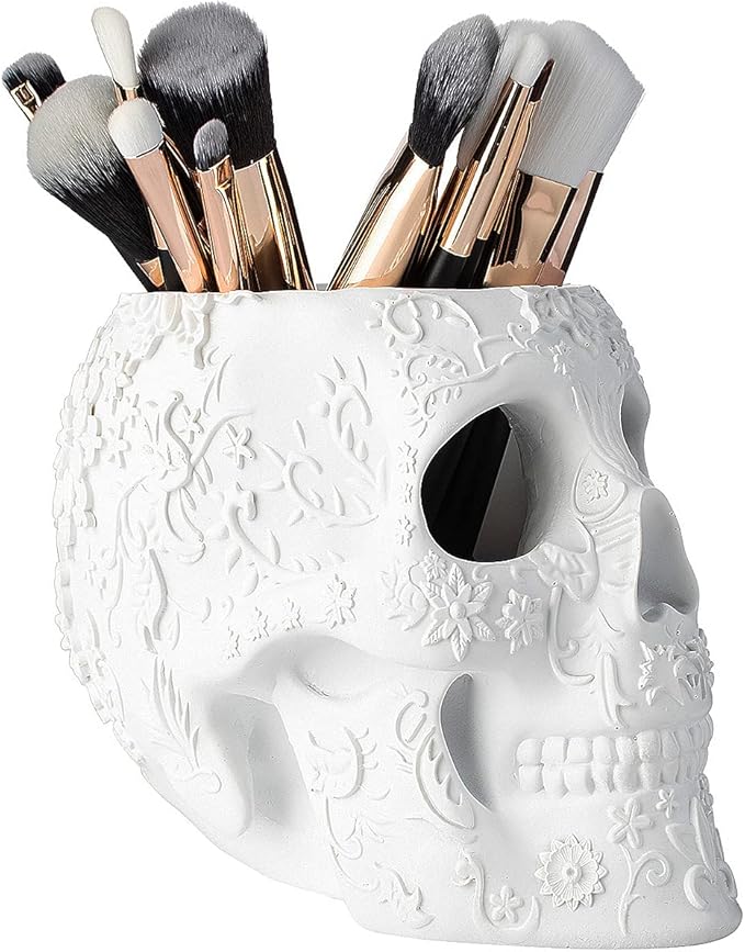 Skull Makeup Brush Candy Bowl &amp Pen Holder Bowl Spooky Goth Decorations Extra Large Strong Resin Skeleton Skulls and Bones Organizer Bathroom Trick Or Treat Decor by Gute (White)