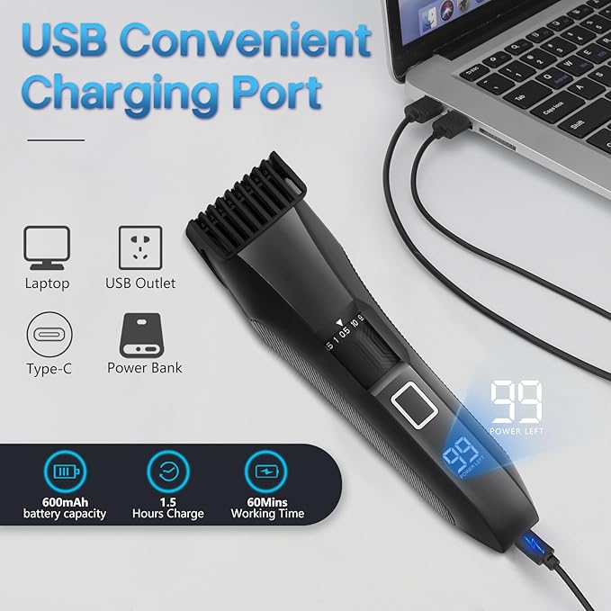 Beard Trimmer for Men 20 Length Adjustable Cordless Waterproof Clippers Stainless Steel T-Blade for Precision Facial Hair Trimming with 2 Guide Combs Travel Lock LED Display