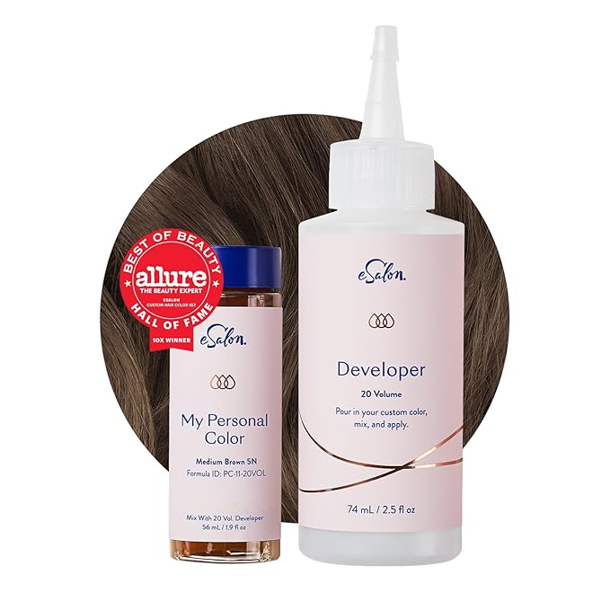 eSalon Permanent Hair Color &amp Dye Kit - Medium Brown - Personal Colorist for Up To 100% Gray Coverage All Hair Types - Professional-Grade Ammonia-Free Hair Dye