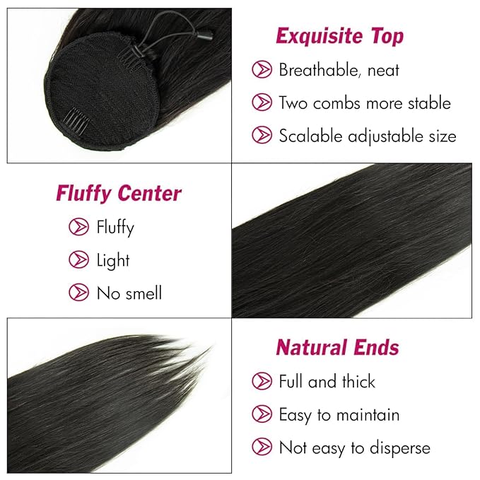 Riverwood Straight Human Hair Ponytail Unprocessed Human Hair Drawstring Ponytail Extensions for Black Women Brazilian Straight Hair 110g Natural Color (16 Straight)