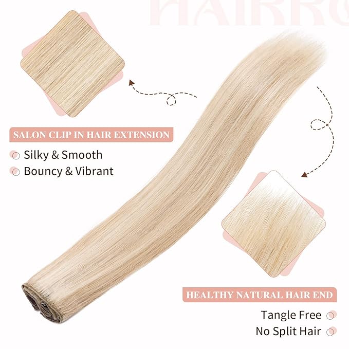 Hairro 100% Human Hair Clip in Extensions Straight Real Hair Hairpieces Machine Weft Extensions to Add Length for Women 20 Inch 8pcs 18 Clips Long Thin Ash Blonde Mix Bleach Blonde