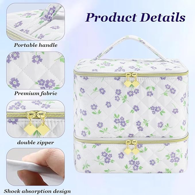 CTWWFS Nail Polish Organizer and Nail Lamp Case Nail Kit Organizer Holds 30 Bottles (15ml - 0.5 fl.oz) and a Nail Lamp Nail Polish Carrying Case with Manicure Tools Storage Sections (Purple Flower)