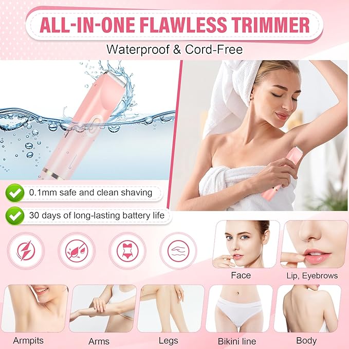 Women's Bikini Trimmer 2-in-1 Electric Shaver for Bikini Line Legs Underarms Face - Waterproof Women's Electric Shaver for Sensitive Skin USB Rechargeable (Pink)