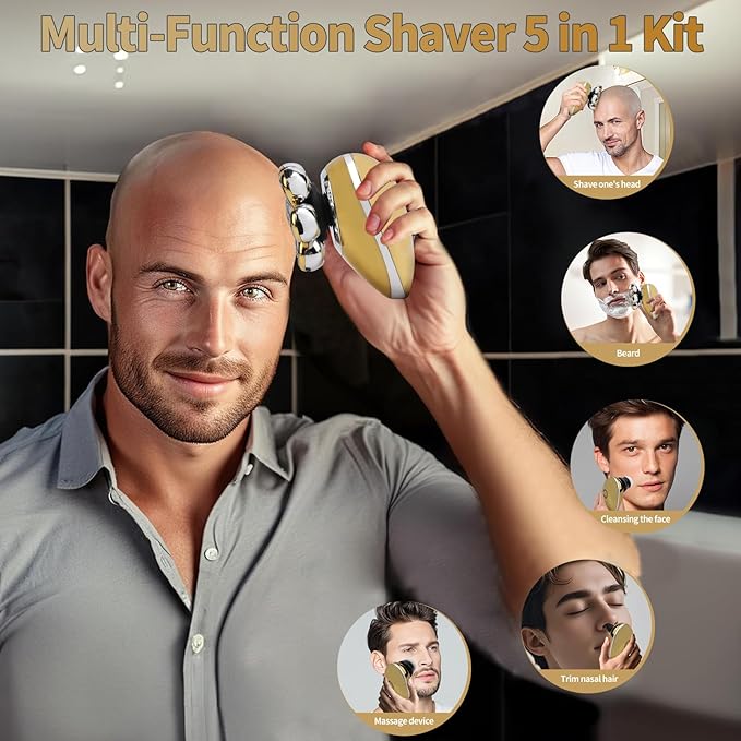 7D Floating Head Shaver for Bald MenIPX7 Waterproof Shaving Grooming Kit5 in 1 Men's Electric RazorDry/Wet Shaver for Home/TravelNice Trimmer Gift for DadHusbandBoyfriend