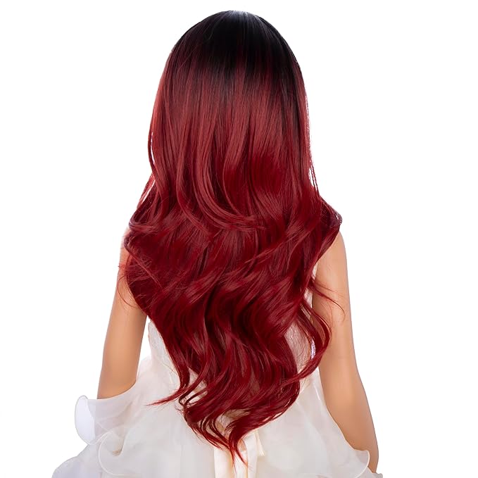 Black Ombre Red Wig for Kids Long Black Mixed Wine Red Middle Part Wig for Child Long Wavy Curly Wigs for Girls Heat Resistant Synthetic Wigs with Cap