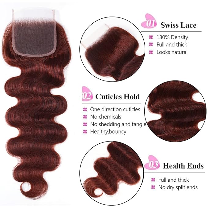 UNICE Reddish Brown Body Wave Human Hair 4x4 Lace Closure Free Part Brazilian Human Remy Hair Auburn Brown Body Wave Human Hair Closure 33B Color 18 inch