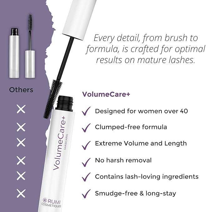 Rumi Cosmetiques VolumeCare+ Mascara For Mature Women - Extreme Length and Volume 2-in-1 Formula - No Clumps or Flaking Long-Wearing Hypoallergenic Mascara For Sensitive Eyes (Dark Brown)