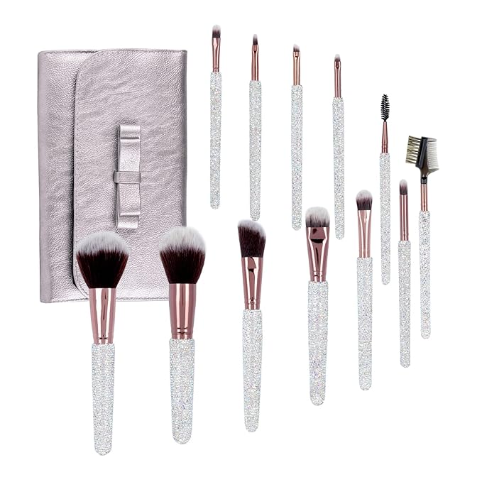 Makeup Brushes Bling Crystal Professional Face Cosmetics Blending Liquid Foundation Powder Concealer Eye Shadows Make Up Beauty Tool Glitter with Pouch Bag Kit Purely Handmade (12PCS) (White)