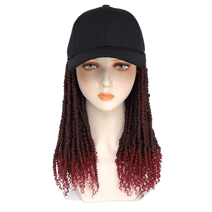 Hat Wig Baseball Cap with Short Pre-Twisted Passion Twist Hair Extensions Synthetic ombre Black Burgundy Small Curly Ends Bomb Twists Adjustable Black Hat Wig for Black Women (12inch TBUG)