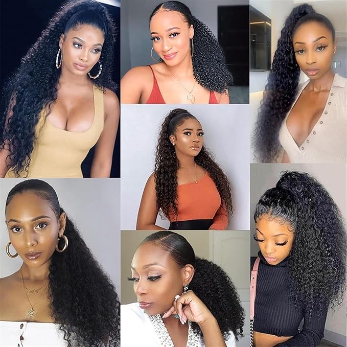 Datanala Brazilian Remy Kinky Curly Ponytail Extensions 22Inch Human Hair Drawstring Ponytail Extension Ponytail Clip in Hair Extensions Nature Black Color for Black Women
