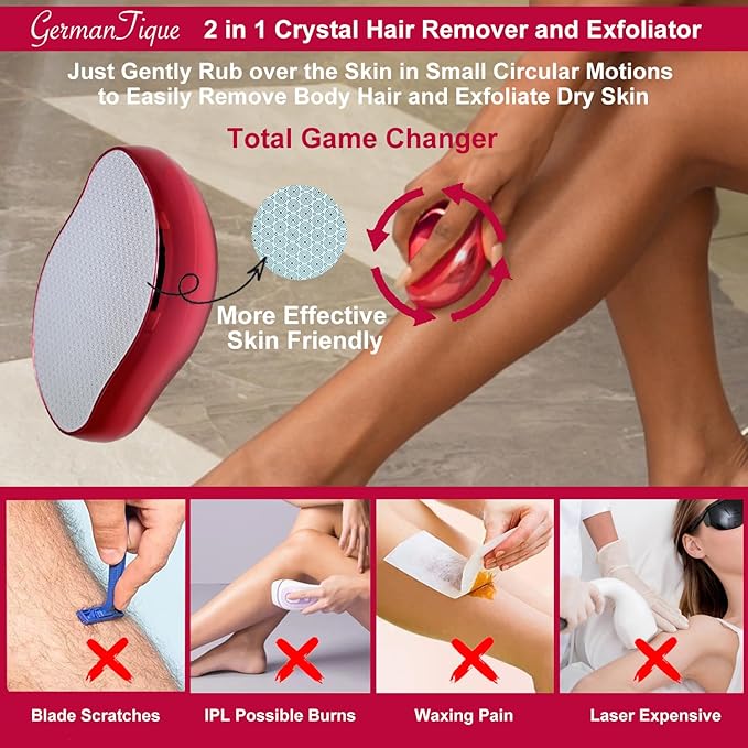 Crystal Hair EraserNatural Crystal Hair RemoverReusable Painless Nano Glass Hair Removal Device Without ShaverGentle Crystal Epilator and Exfoliator for Soft Silky Skin(Red)