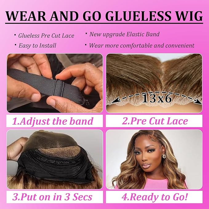 Highlight Wig Human Hair 13x6 Body Wave Lace Front Wigs Human Hair Ombre Wear and Go Glueless Pre Cut Full Frontal Lace Wig for Women 180 Density Virgin Hair Wigs 4/27 Colored 20 inch