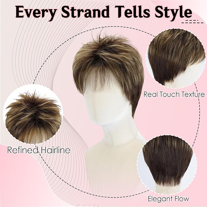WIGYY Medium Golden Brown Pixie Wig for White Women ? Curly Short Wig with Bangs Glueless Heat-Resistant Synthetic Wig Soft Natural Look for Daily Wear or Older Women