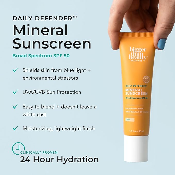 Daily Defender Broad Spectrum SPF 50 Mineral Sunscreen with Hyaluronic Acid Vitamin C &amp Niacinamide (as Vitamin B3) Lightweight UVA &amp UVB Protection Skin Care Light