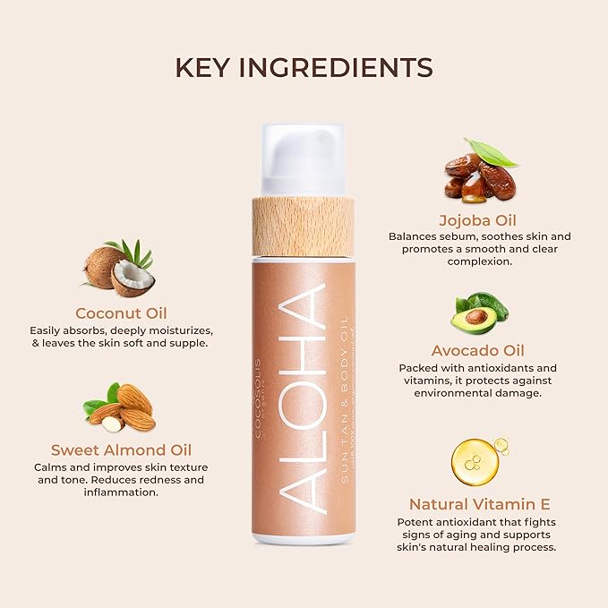 COCOSOLIS ALOHA Sun Tan &amp Body Oil | Organic Tanning Bed Lotion | Get Healthy Deep Chocolate Tan | Tanning Accelerator with 5 Precious Oils to Make Your Skin Glowing &amp Revitalized (110 ml)