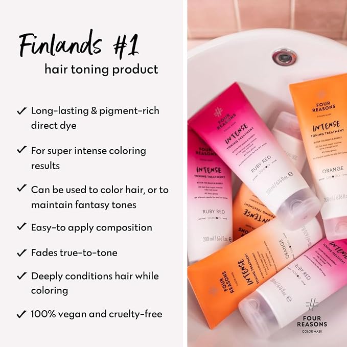 FOUR REASONS Color Mask INTENSE- Ruby Red 6.76 fl oz - Semi Permanent Hair Dye for Lightened and Colored Hair 100% Vegan Conditioner - Intensive Toning Treatment with 27 Colors - Cruelty Free