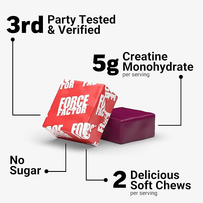 FORCE FACTOR Legendary Creatine Chews 5g Creatine Monohydrate Build Muscle Improve Strength &amp Recovery Support Memory &amp Cognitive Function Sugar Free Berry Blast 60 Soft Chews