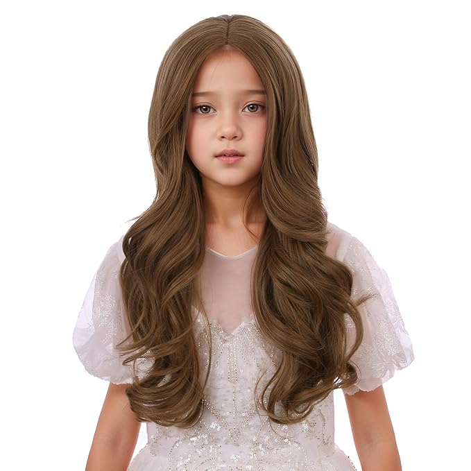 Light Brown Wig for Kids Children Long Light Brown Wavy Curly Wig Girls Long Middle Part Wigs Heat Resistant Synthetic Wigs with Cap