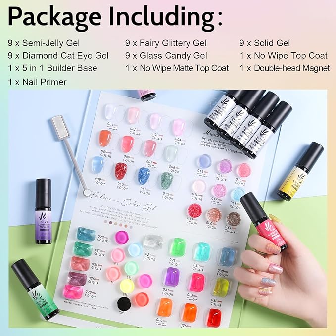 Lavender Violets 49 PCS Gel Nail Polish Set 45 Colors Cat Eye Reflective Glitter Gel Polish with Nail Primer Base Coat Glossy &amp Matte Top Coat Jelly Nude Red Brown Gifts for Women