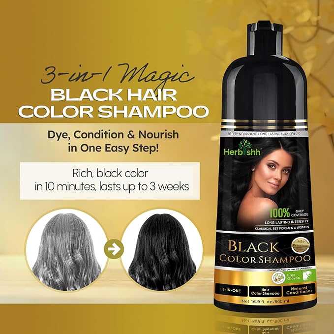 Herbishh Hair Color Shampoo for Gray Hair ? Natural Hair Dye Shampoo ? Lasts Up To 3-4 Weeks ? 500ML ? 3-In-1 Hair Color ? Colors Cleanses and Conditions (Black GiftSet)
